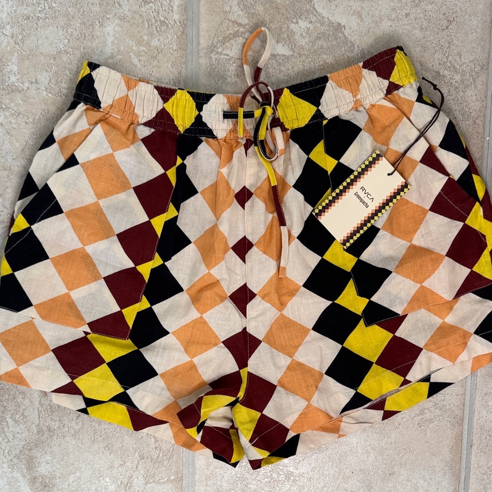 RVCA High Waist Geometric Shorts - Red, Orange, Yellow, Black
